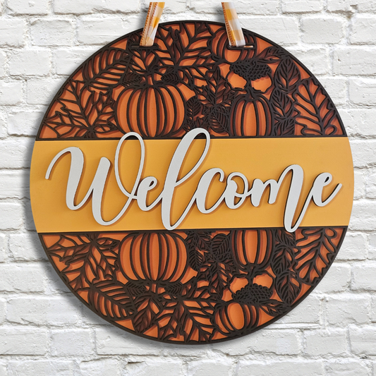 Welcome Pumpkin Door Hanger – Rustic Fall Front Door Sign
