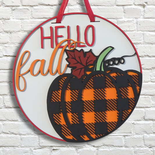 Hello Fall Pumpkin Door Hanger – Buffalo Plaid Autumn Front Door Sign