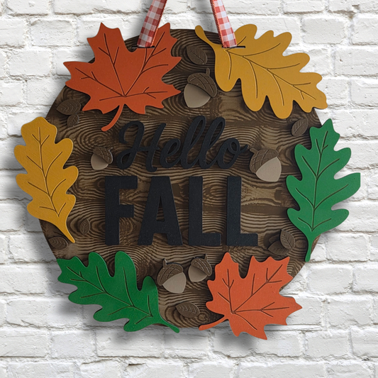 Hello Fall Big Leaves Door Hanger – Rustic Autumn Front Door Sign