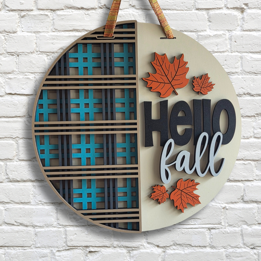 Hello Fall Door Hanger – Modern Plaid Autumn Front Door Sign