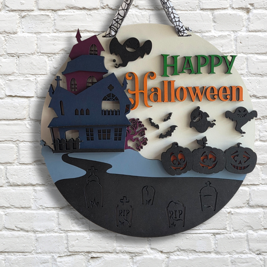 Happy Halloween Door Hanger – Haunted House & Pumpkins Front Door Sign
