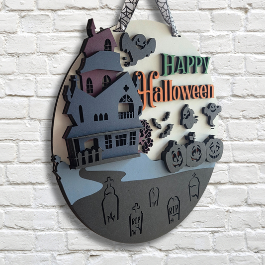 Happy Halloween Door Hanger – Haunted House & Pumpkins Front Door Sign