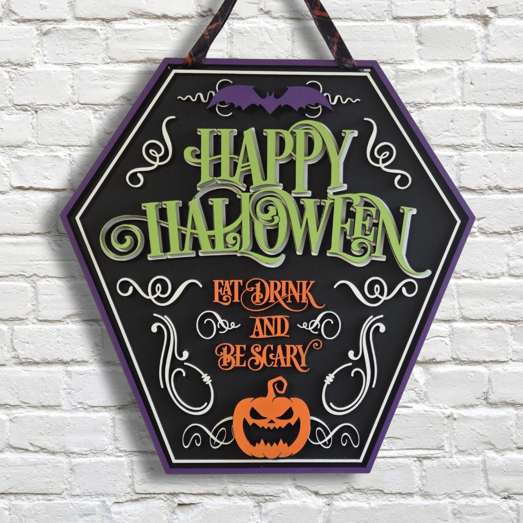 Happy Halloween Coffin Door Hanger – Eat, Drink, and Be Scary Front Door Sign