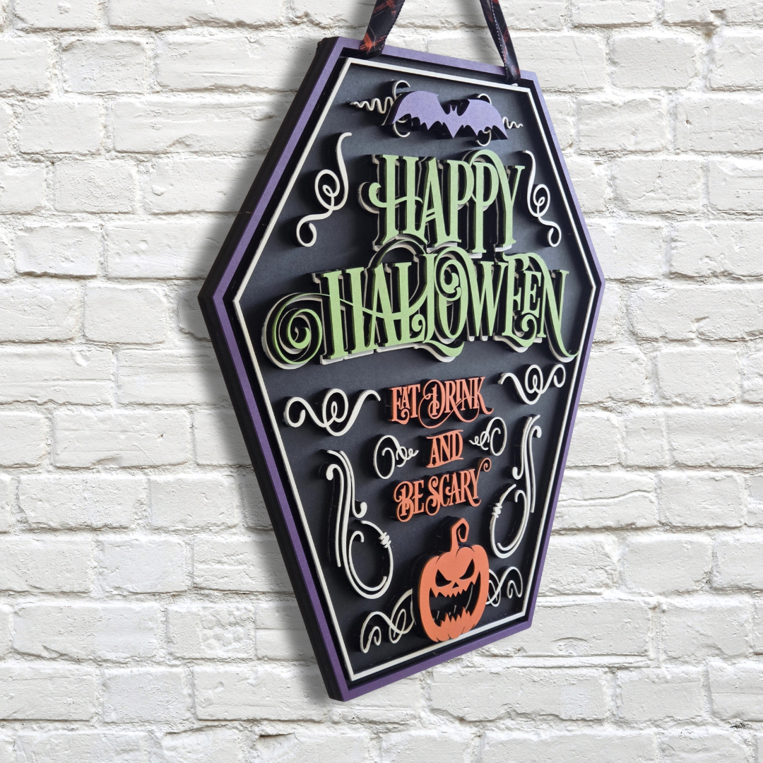 Happy Halloween Coffin Door Hanger – Eat, Drink, and Be Scary Front Door Sign