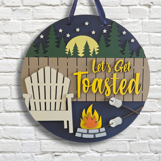Let’s Get Toasted Door Hanger – Campfire & Marshmallow Front Door Sign