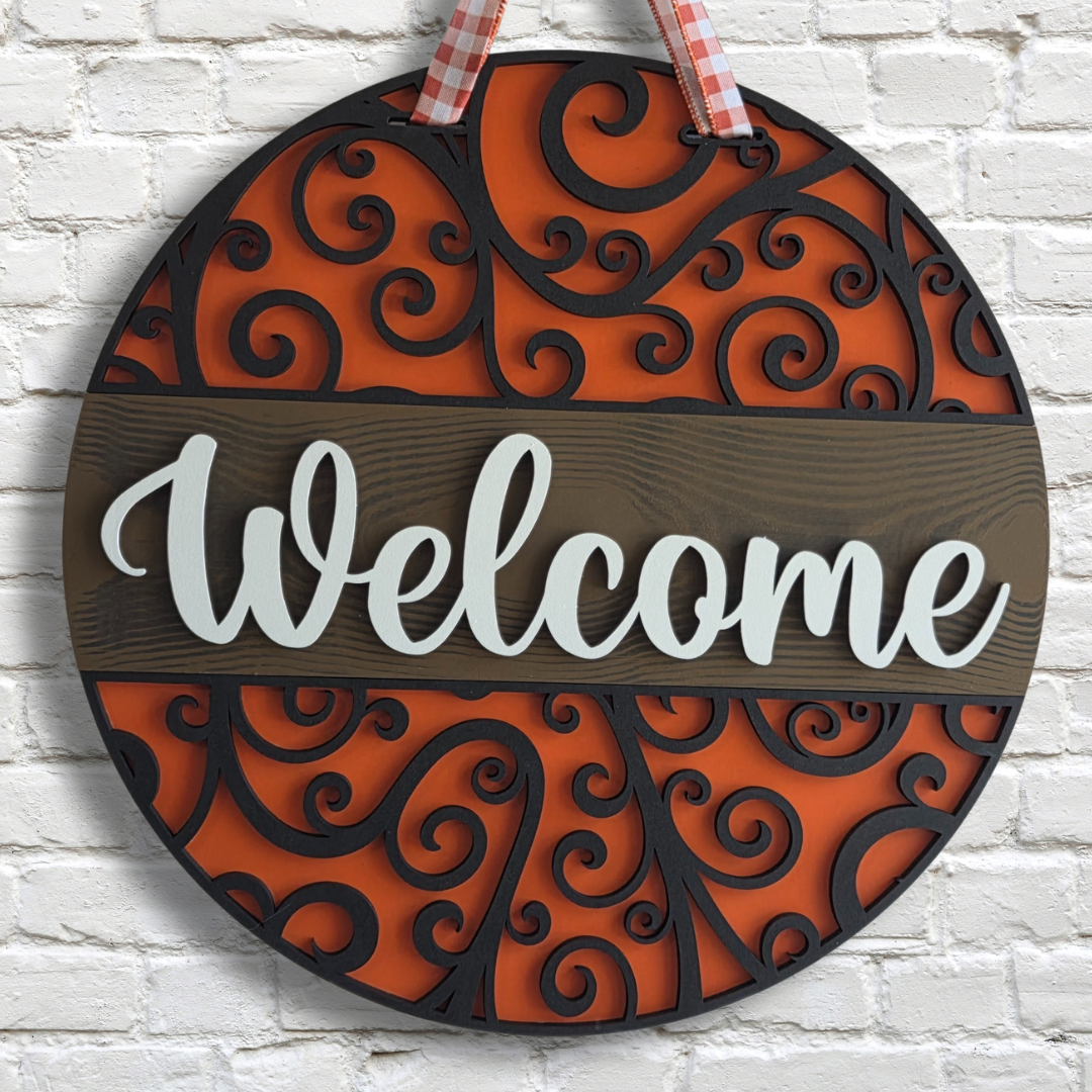 Flourish Welcome Door Hanger – Elegant Scroll Design Front Door Sign