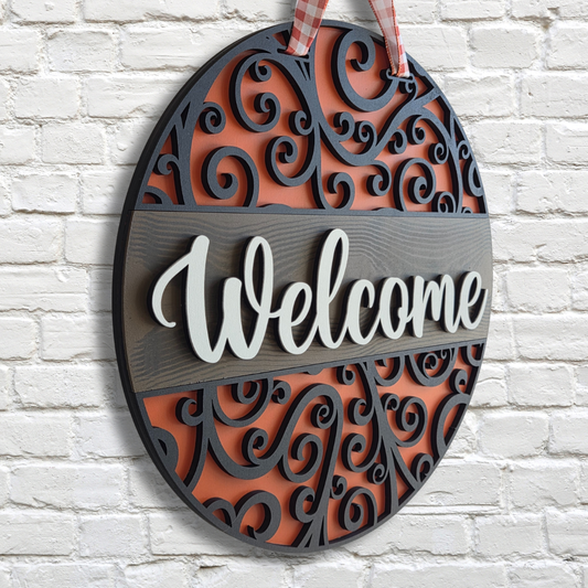 Flourish Welcome Door Hanger – Elegant Scroll Design Front Door Sign