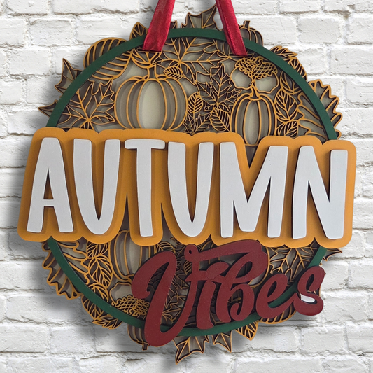 Autumn Vibes Door Hanger – Pumpkin & Leaves Fall Front Door Sign