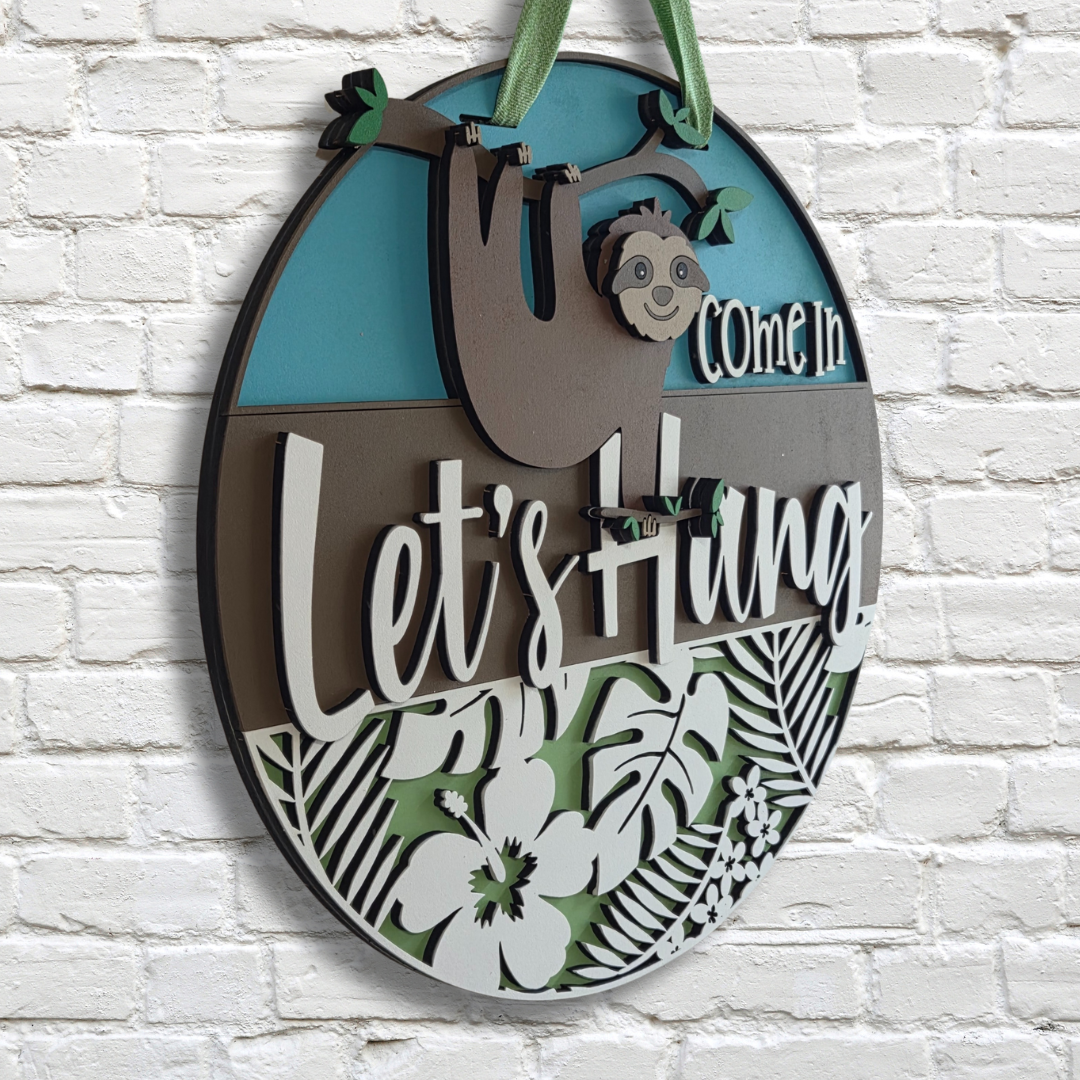 Come In Let’s Hang Sloth Door Hanger – Tropical Front Door Sign