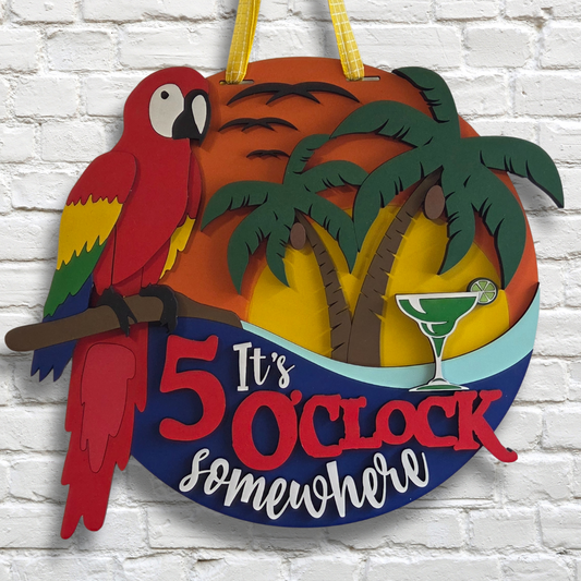 It’s 5 O’Clock Somewhere Door Hanger – Tropical Parrot & Palm Tree Sign