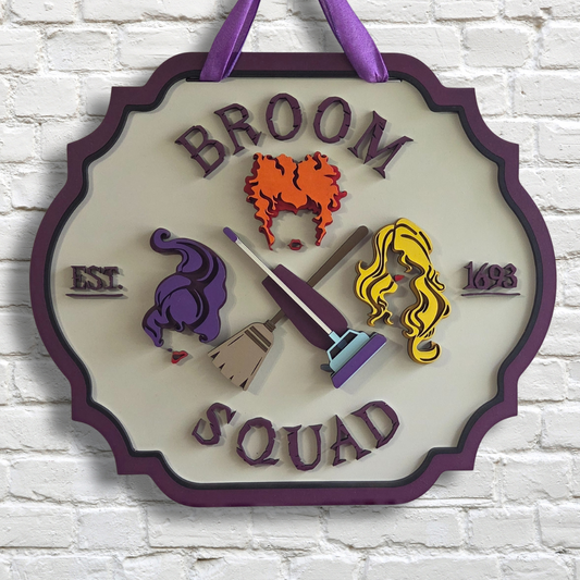 Broom Squad Door Hanger – Witch Sisters Halloween Front Door Sign