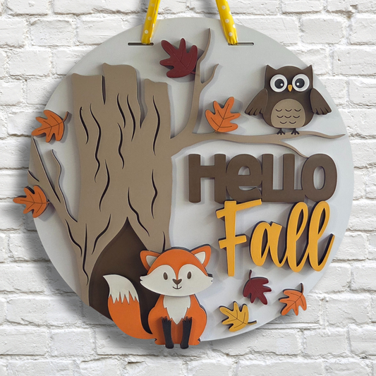 Hello Fall Woodland Door Hanger – Fox and Owl Autumn Front Door Sign