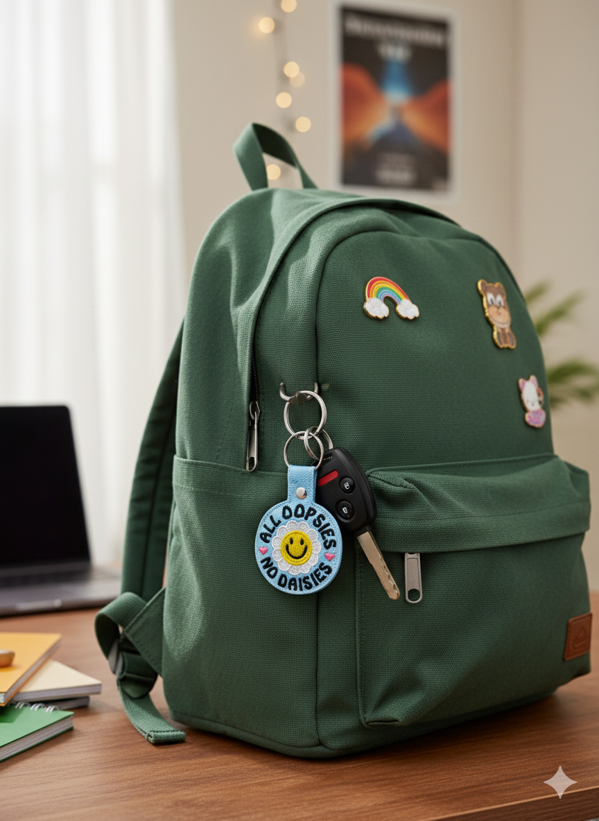 “All Oopsies No Daisies” Embroidered Keychain | Vinyl Smiley Flower Keychain