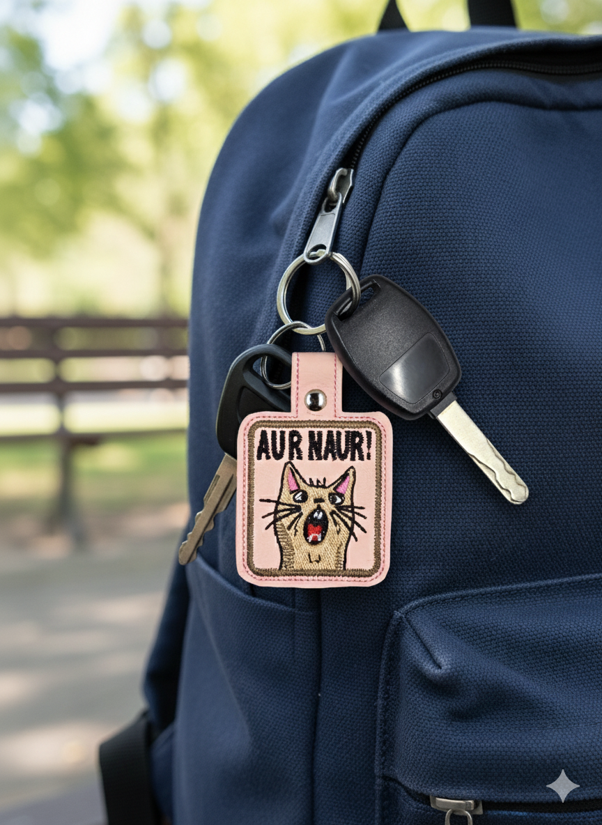 “Aur Naur!” Embroidered Cat Keychain | Funny Vinyl Cat Lover Keychain