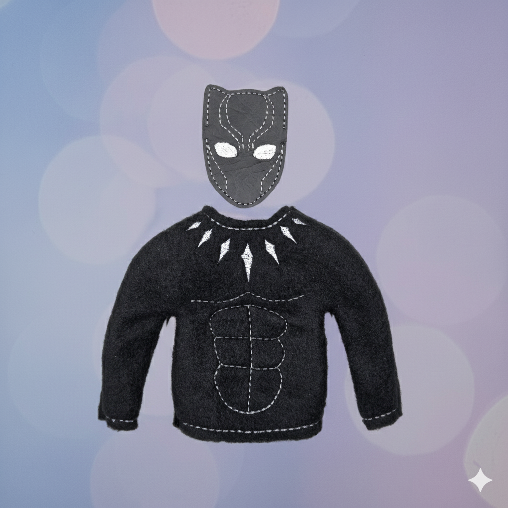Panther Hero Black Elf Costume – Embroidered Superhero Elf Outfit with Mask