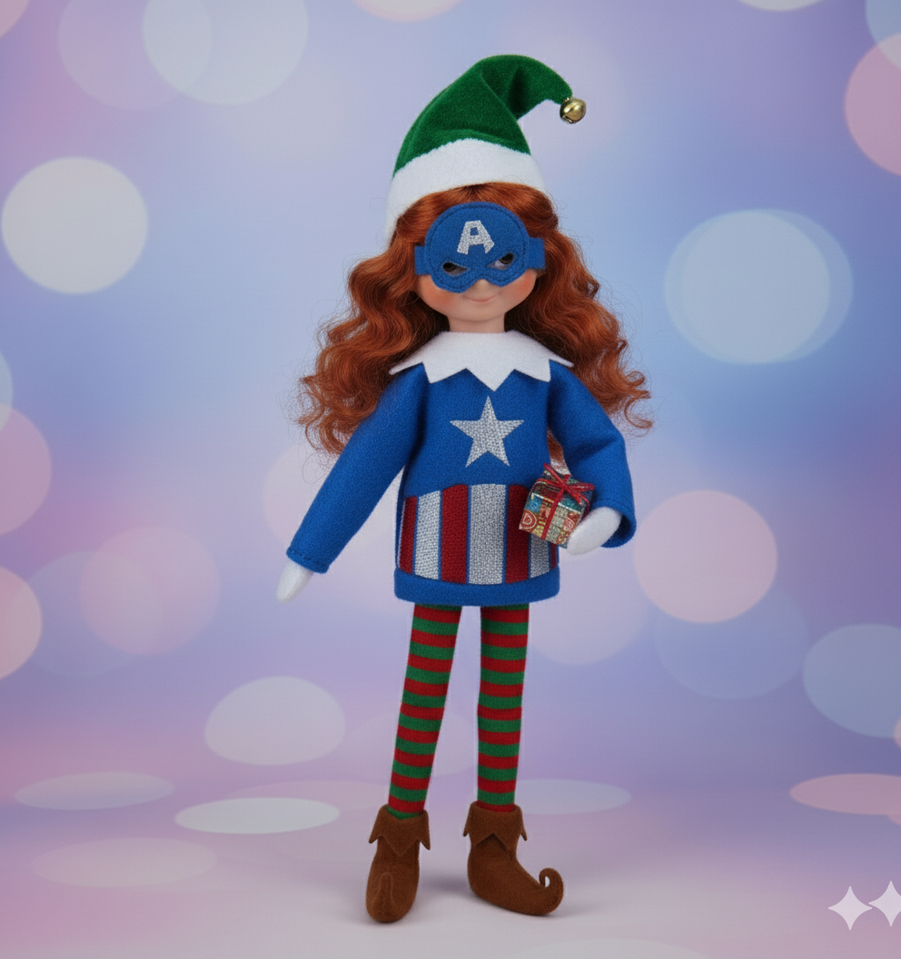 Captain USA Elf Costume – Embroidered Fleece Superhero Outfit with Vinyl Mask