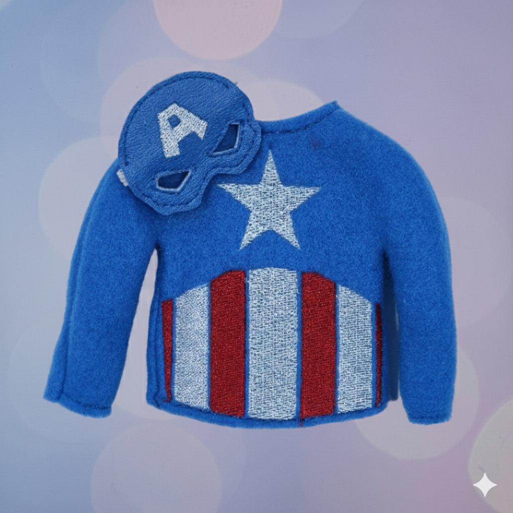 Captain USA Elf Costume – Embroidered Fleece Superhero Outfit with Vinyl Mask