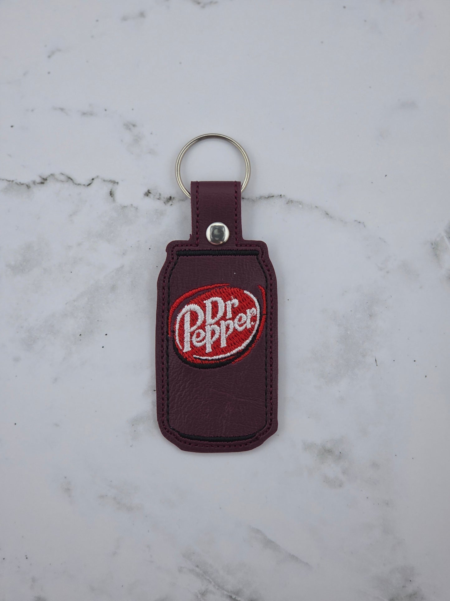 Doc Pop Embroidered Keychain | Maroon & Red Vinyl Soda Bottle Keychain