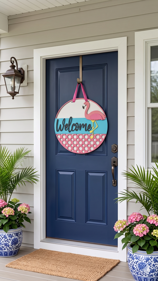 Flamingo Welcome – Layered Wooden Door Hanger