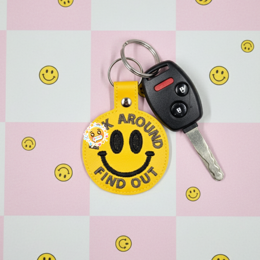 “Fuck Around Find Out” Smiley Embroidered Keychain | Funny Vinyl Keychain