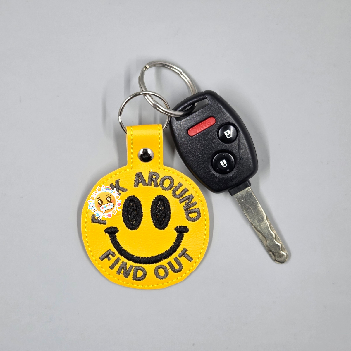 “Fuck Around Find Out” Smiley Embroidered Keychain | Funny Vinyl Keychain