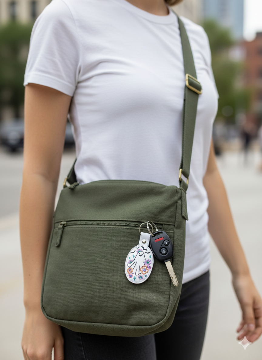 Floral Sheet Ghost Embroidered Keychain | Cute Spooky Vinyl Keychain