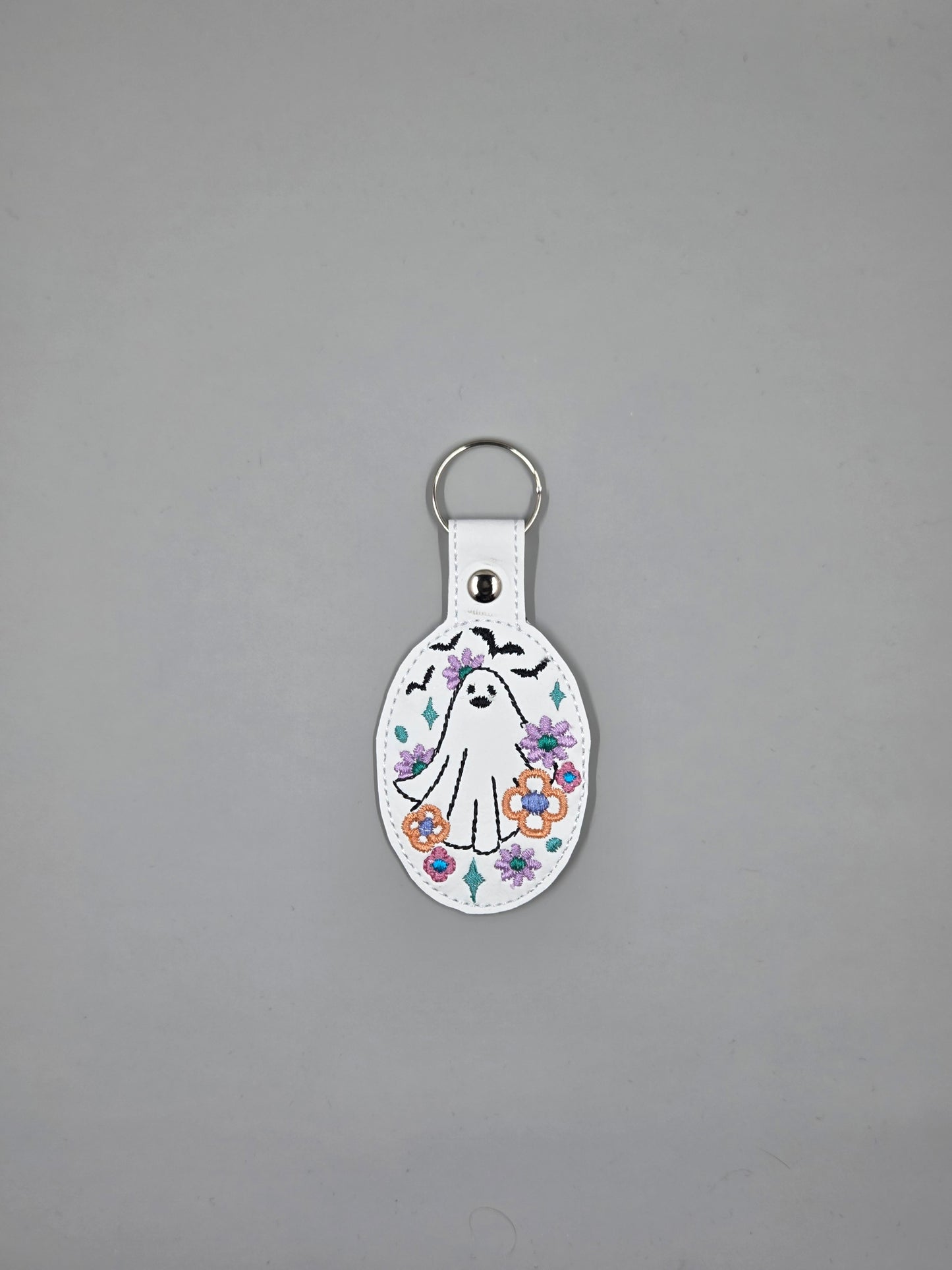 Floral Sheet Ghost Embroidered Keychain | Cute Spooky Vinyl Keychain