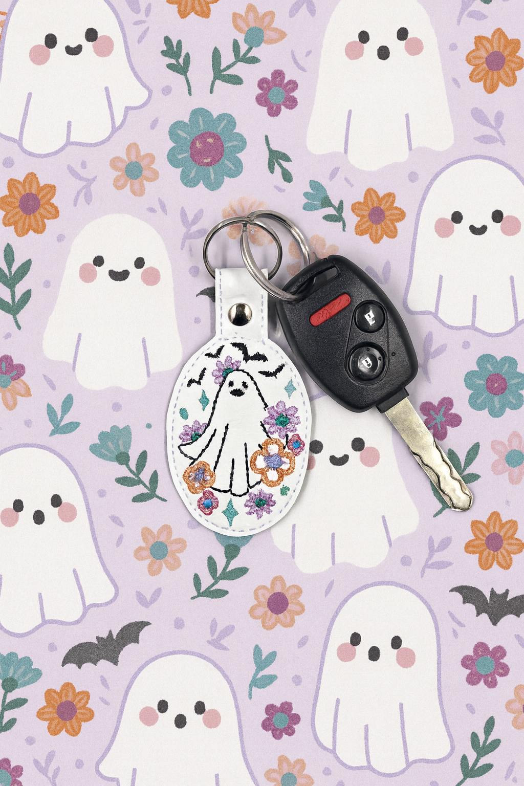 Floral Sheet Ghost Embroidered Keychain | Cute Spooky Vinyl Keychain