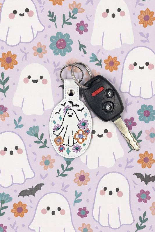 Floral Sheet Ghost Embroidered Keychain | Cute Spooky Vinyl Keychain