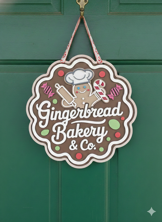 Gingerbread Bakery Door Hanger – Christmas Cookie Shop Front Door Sign