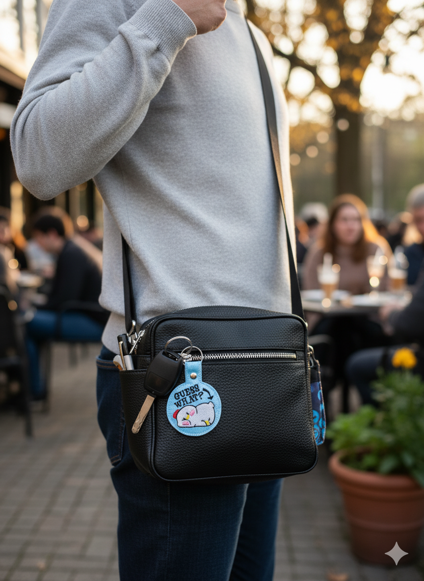 “Guess What? Chicken Butt” Embroidered Keychain | Funny Farm Vinyl Keychain