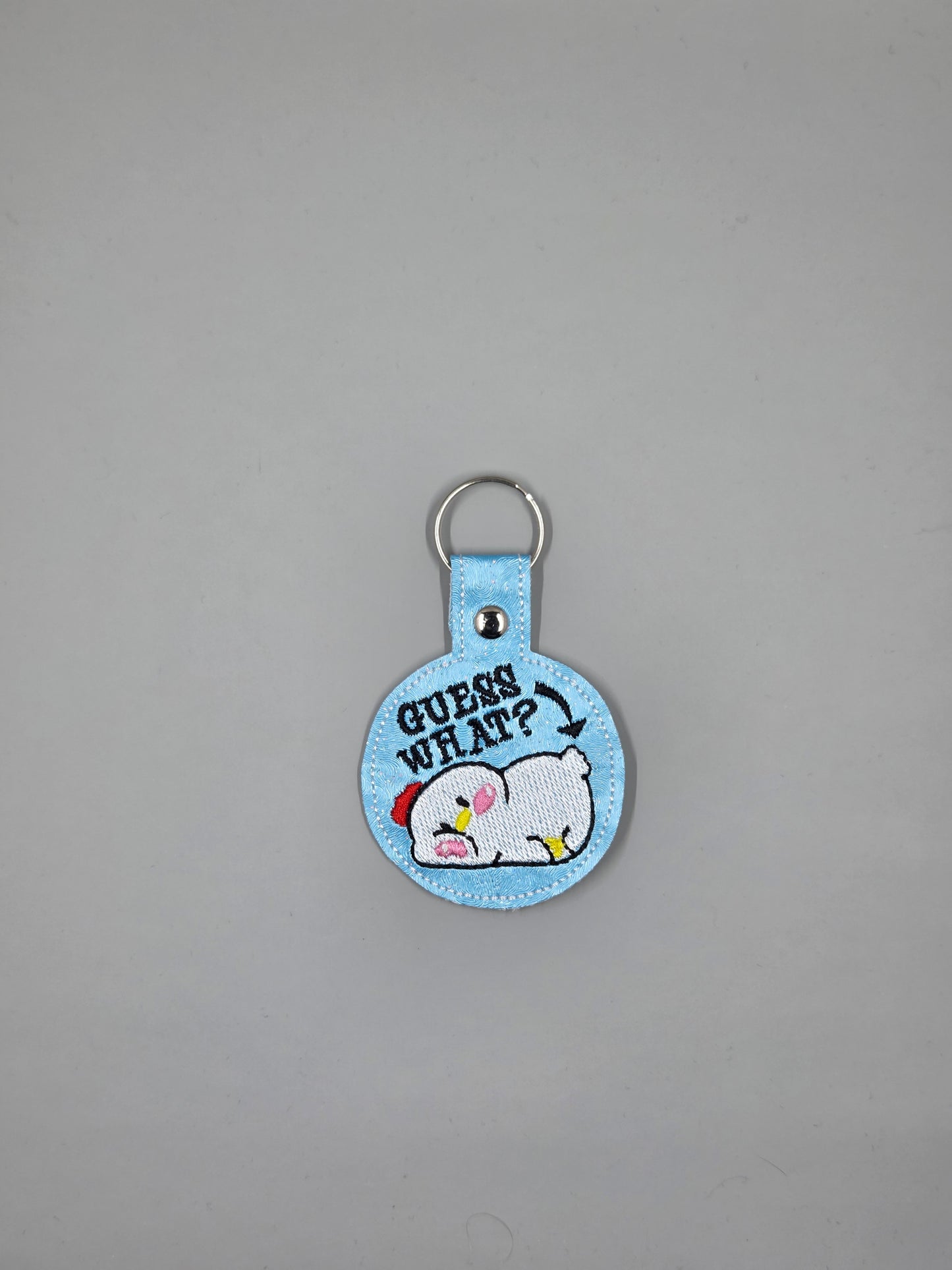 “Guess What? Chicken Butt” Embroidered Keychain | Funny Farm Vinyl Keychain