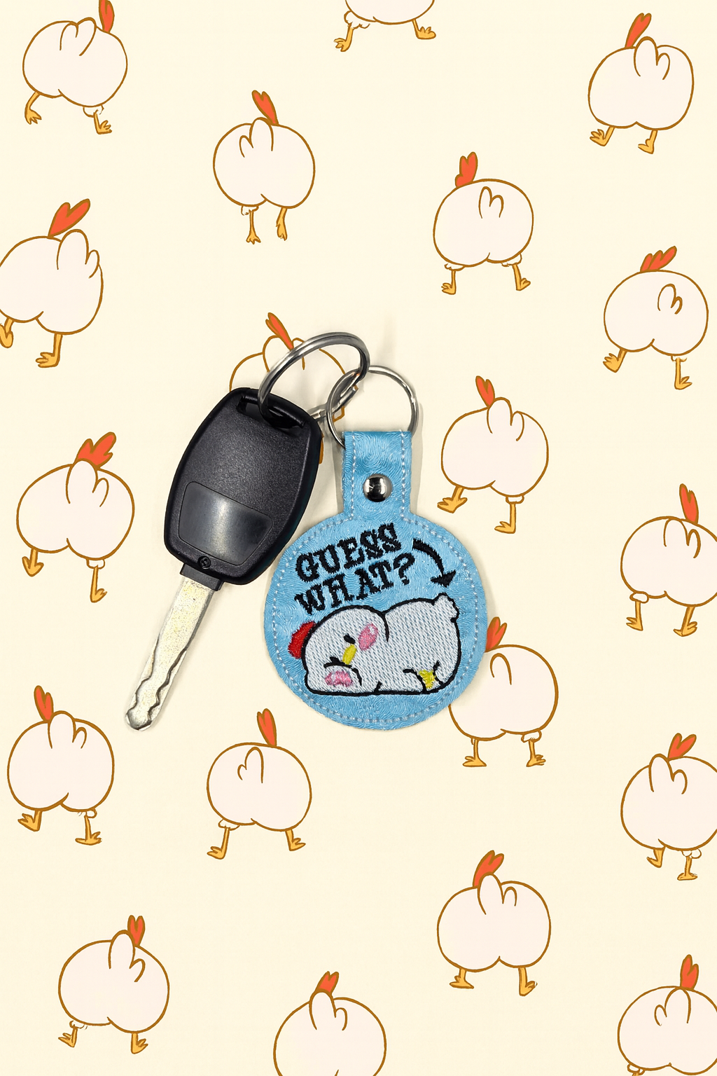 “Guess What? Chicken Butt” Embroidered Keychain | Funny Farm Vinyl Keychain