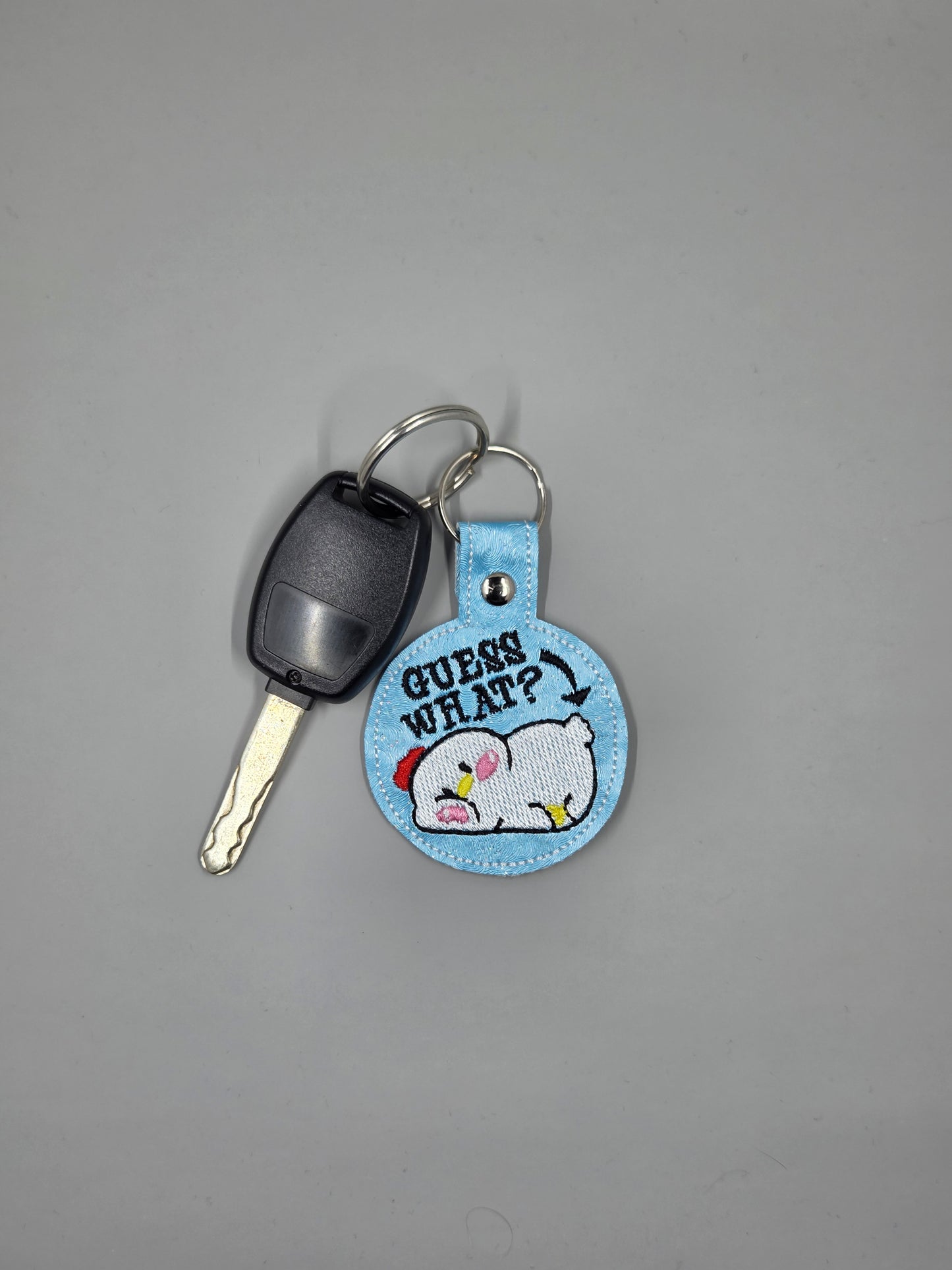 “Guess What? Chicken Butt” Embroidered Keychain | Funny Farm Vinyl Keychain