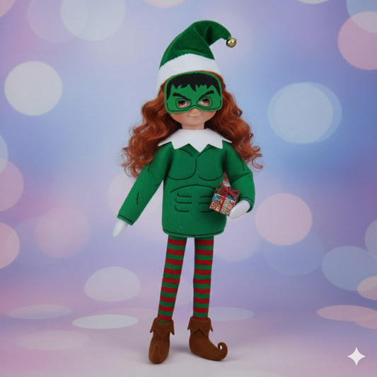 Green Strong Man Elf Costume – Embroidered Superhero Elf Outfit with Mask