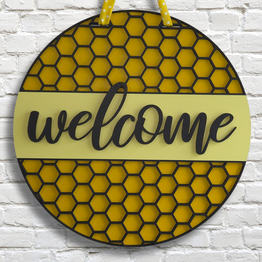 Honeycomb Welcome Door Hanger – Layered 3D Hexagon Design for Front Porch or Entryway