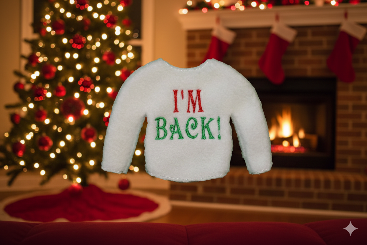 I’m Back! Elf Sweater – Embroidered Holiday Return Outfit