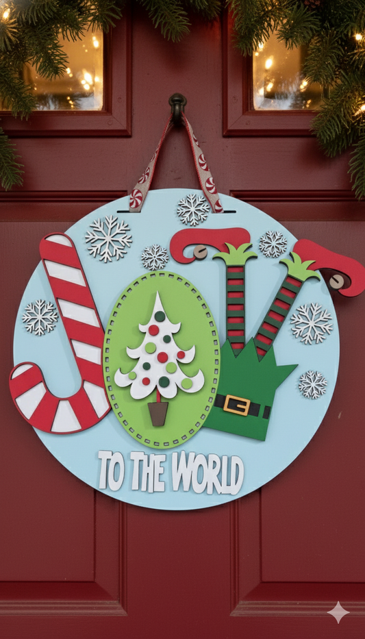 Joy to the World Door Hanger – Christmas Candy Cane & Elf Design