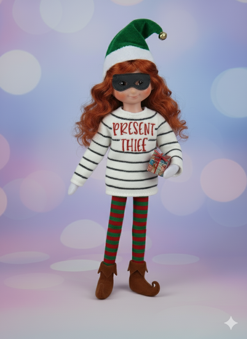 Present Thief Elf Costume – Striped Bandit Holiday Outfit with Mask
