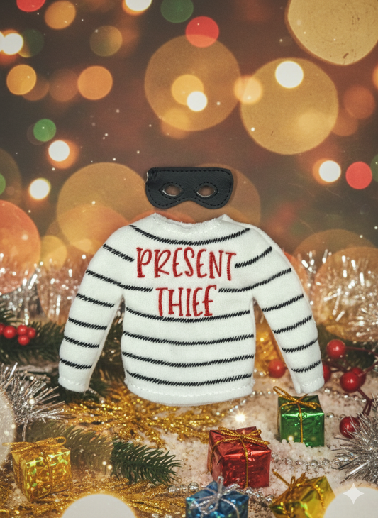 Present Thief Elf Costume – Striped Bandit Holiday Outfit with Mask