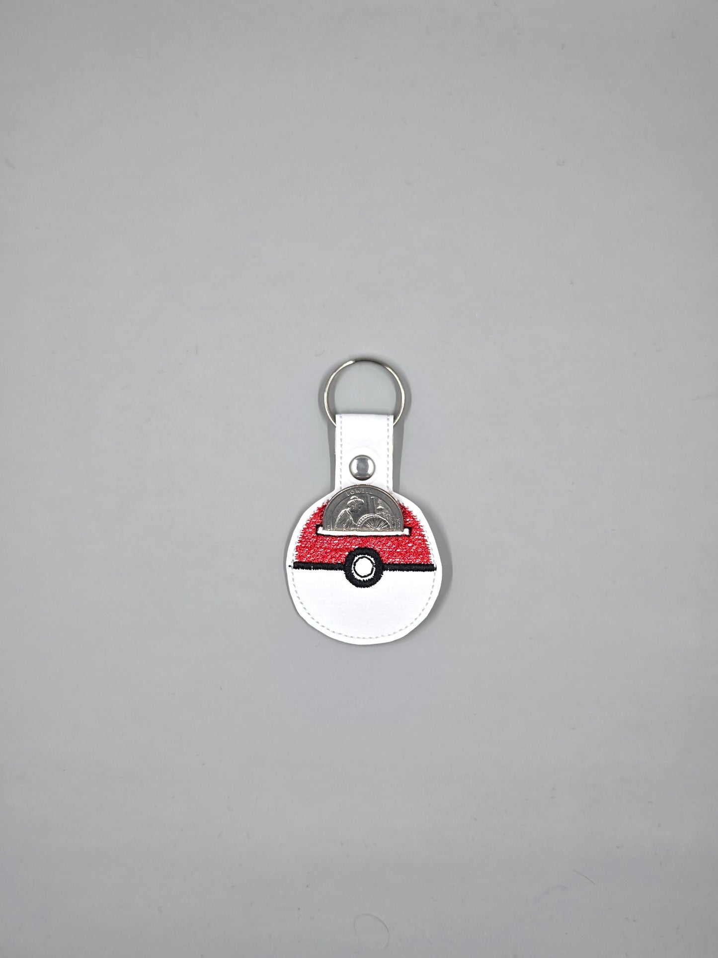 Red and White Catch Ball Embroidered Quarter Holder | Vinyl Aldi Quarter Keychain