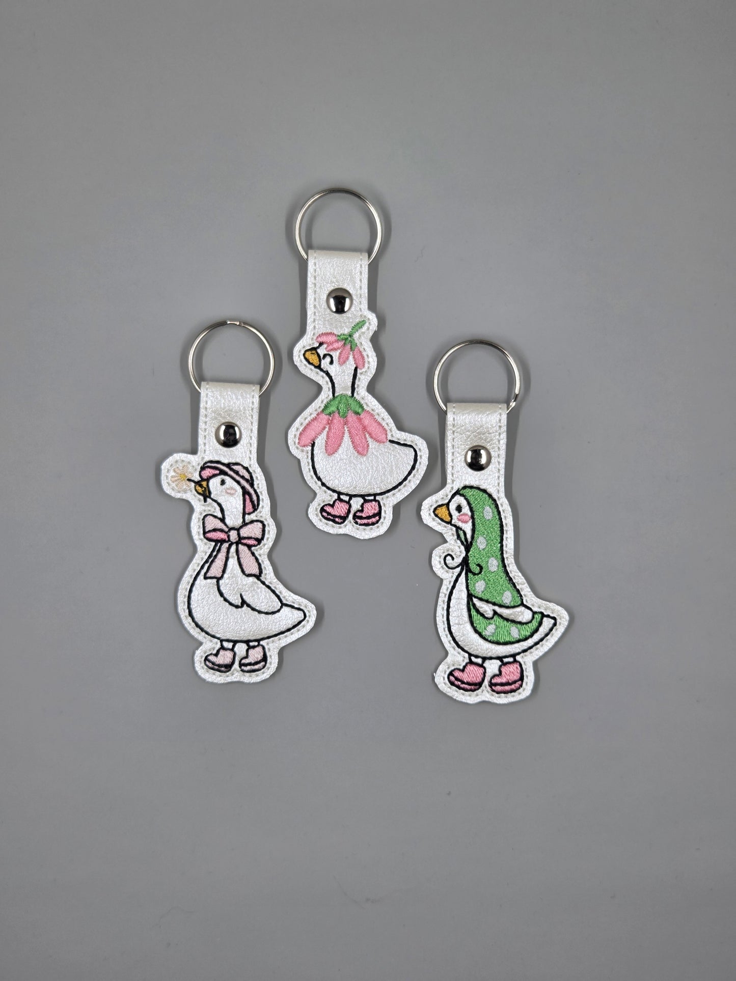 Silly Goose Trio Keychains | Rosie, Dottie, & Millie | Embroidered Vinyl Keychains