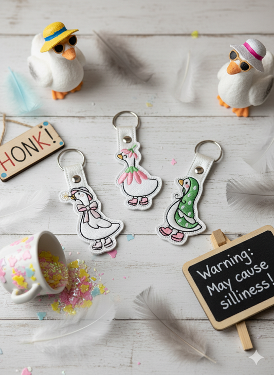 Silly Goose Trio Keychains | Rosie, Dottie, & Millie | Embroidered Vinyl Keychains