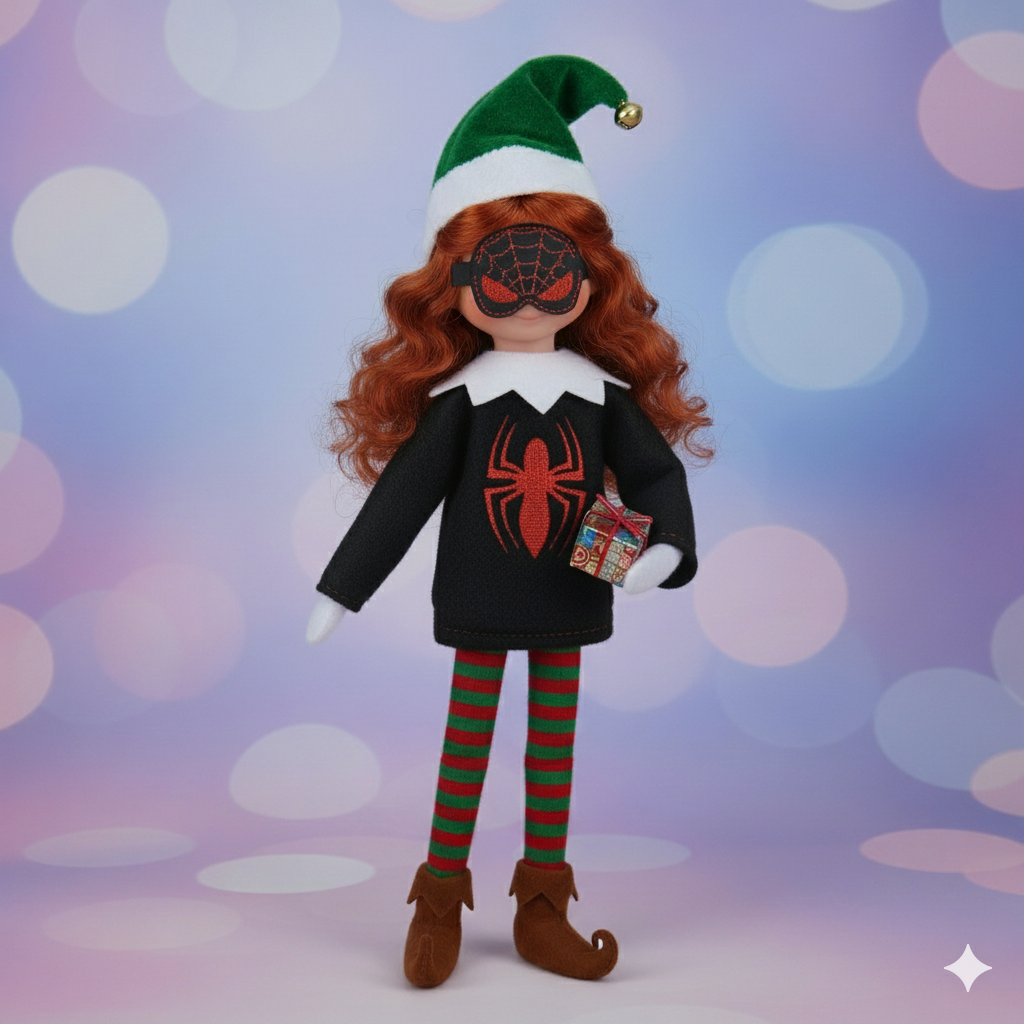 Spidey Arachno Kid Elf Costume – Black & Red Hero Elf Outfit