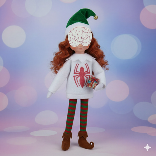 Ghost Spidey Girl Elf Costume – Embroidered Fleece Outfit with Vinyl Mask