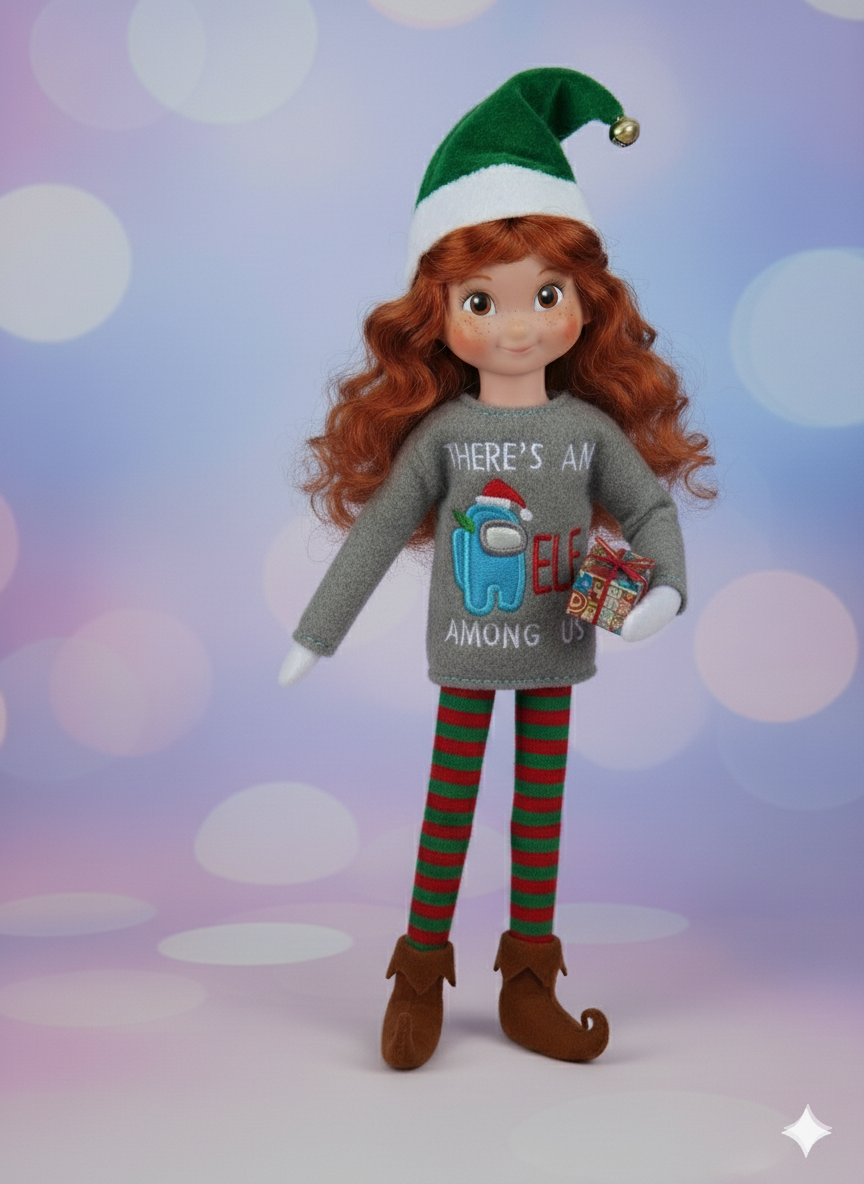 Suspicious Crewmate Astronaut Embroidered Elf Sweater – “There’s an Elf Among Us”