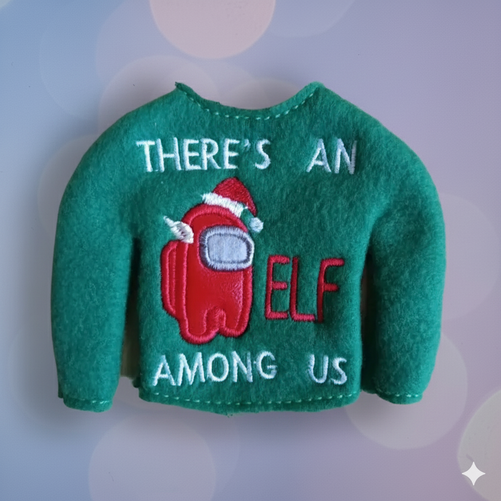 Suspicious Crewmate Astronaut Embroidered Elf Sweater – “There’s an Elf Among Us”