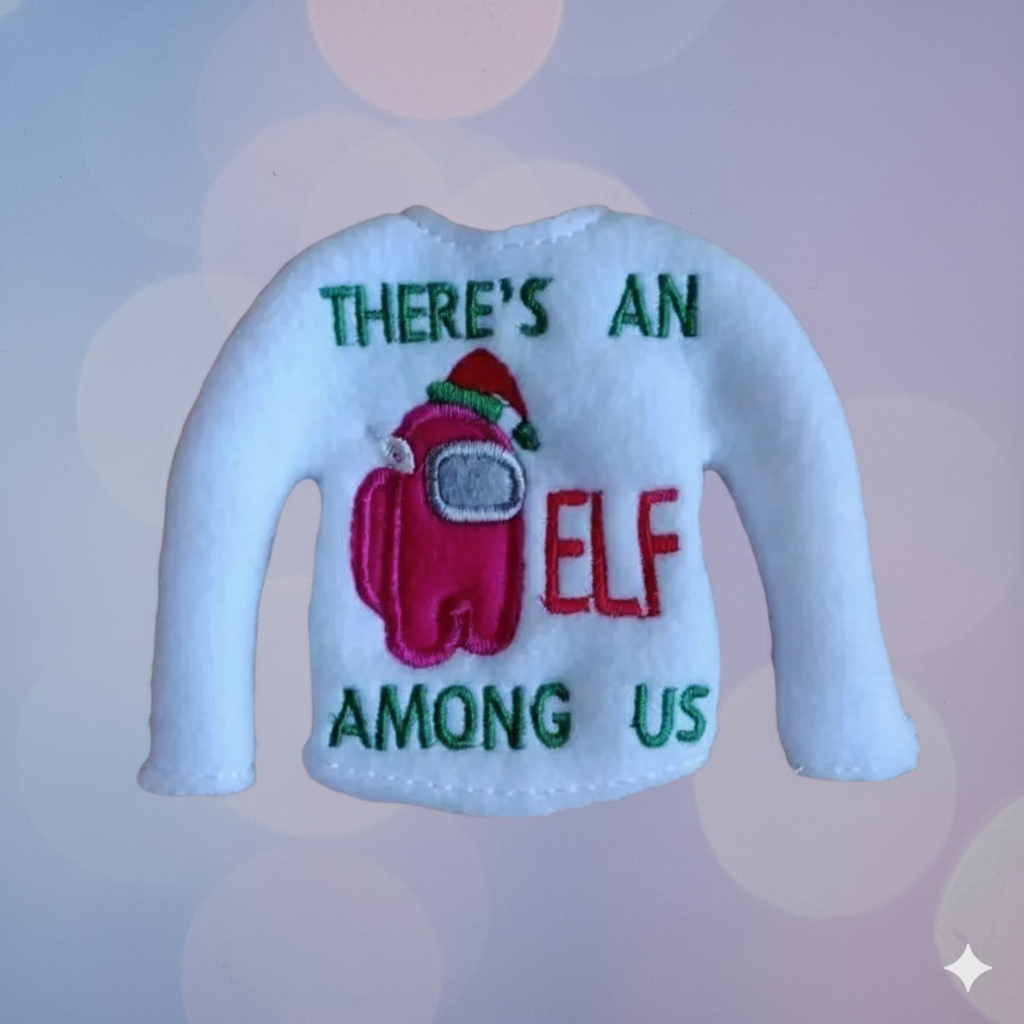 Suspicious Crewmate Astronaut Embroidered Elf Sweater – “There’s an Elf Among Us”