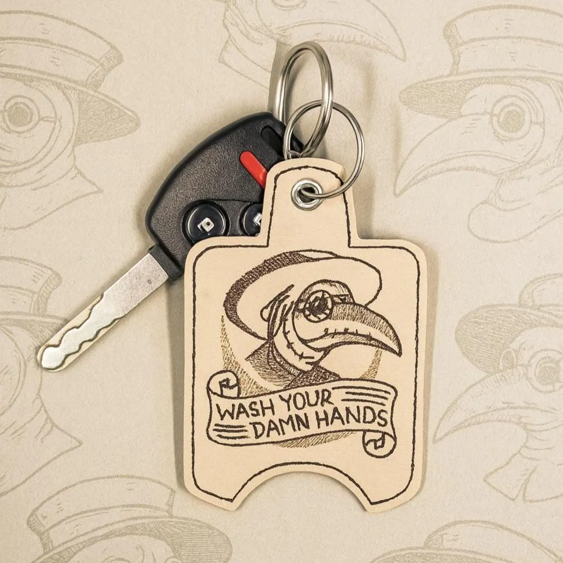Plague Doctor “Wash Your Damn Hands” Embroidered Hand Sanitizer Holder | Vinyl Keychain