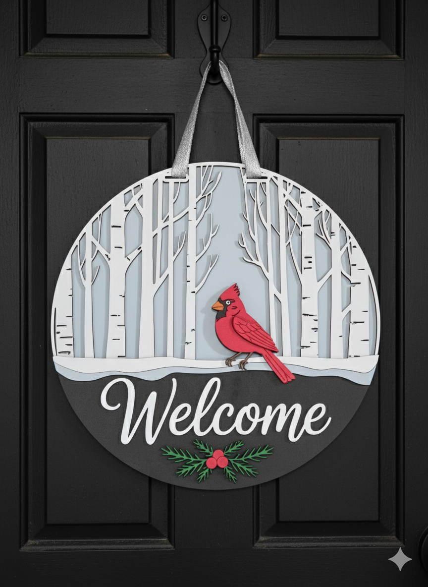 Winter Cardinal Welcome Door Hanger – Birch Tree Layered Wood Front Door Sign